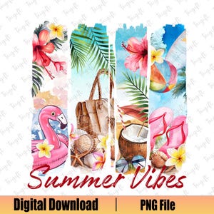 Vibras de verano (Png), Playa tropical (Png), Estética vacacional (Png), Acuarela de verano (Png), Flamenco y coco (Png), Vida playera (Png), Descarga digital