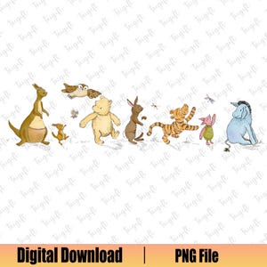 May include: A digital download featuring watercolor illustrations of Winnie the Pooh and friends, including a kangaroo, owl, bear, rabbit, tiger, piglet, and donkey. The image includes the text "Digital Download | PNG File".