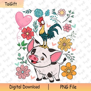 Pua et Heihei rétro, cochon de compagnie png, personnages de dessins animés mignons, princesse png, vacances en famille png, chemise familiale assortie, png mode vacances