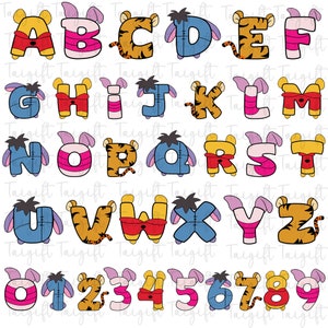 Winnie de Pooh-krabbelalfabet, Pooh-beer-alfabet, stripfiguurbrieven png, tekenfilmletters png, krabbelbrieven, tekenalfabet