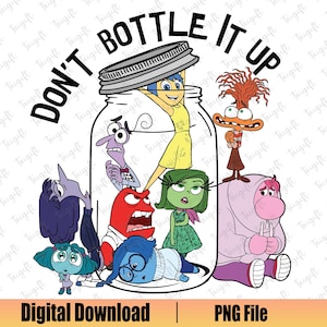 Peut inclure: Une illustration de personnages de dessin animé du film Vice Versa piégés dans un bocal en verre. Les personnages incluent Joie, Tristesse, Colère, Peur et Dégoût. Le texte "Ne pas mettre en bouteille" est écrit en lettres noires au-dessus du bocal.