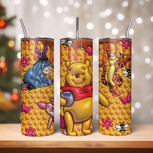 3D Inflated Cartoon Character Tumbler Wrap, Pooh Tumbler, 3D Winnie Inflated Tumbler Wrap, Inflated Pooh And Friends, 3D Puffy Bear Design