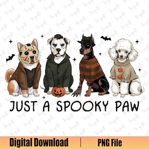 Op de afbeelding: Digitale illustratie van vier honden verkleed in Halloween kostuums. De honden zijn gekleed als Jason Voorhees, Michael Myers, Freddy Krueger en een clown. De tekst "JUST A SPOOKY PAW" is zichtbaar.