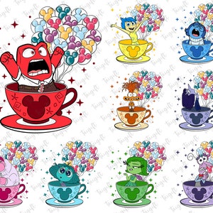 Może przedstawiać: Zestaw dziesięciu cyfrowych obrazów clipart przedstawiających postacie z filmu W głowie się nie mieści. Każda postać jest przedstawiona w filiżance do herbaty z uchwytem w kształcie ucha Myszki Miki. Postacie to Radość, Smutek, Gniew, Strach, Obrzydzenie, Bing Bong i kilka innych. Filiżanki do herbaty są ozdobione gwiazdkami i kropkami. Postacie są otoczone kolorowymi balonami.