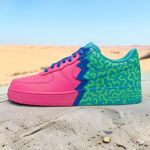 Custom Pink and Teal Gradient AF1 Sneakers, Hand-Painted Doodle Sneakers, Streetwear Shoes, Unique Split-Color Custom AF1 Design.