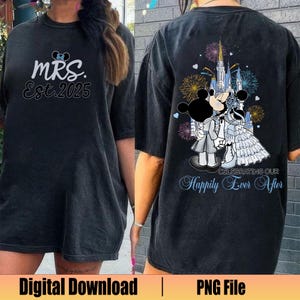 Boda de ratón personalizada (PNG), Sra. y Sr. (PNG de dos caras), Recién casados (PNG de luna de miel), Camiseta de pareja "Felices para siempre", Reino mágico (PNG)