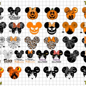 Può includere: Un set di 25 file di taglio SVG a tema Halloween con la testa di Topolino, in nero e arancione. I design includono zucche, pipistrelli, ragnatele e il testo "Disney Halloween".