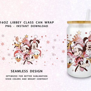 Retro Christmas 16oz libbey Can Cartoon PNG, Christmas 16oz Glass Can Wrap, Mouse And Friend 16oz Libbey Can Glass, Christmas Tumbler Wrap