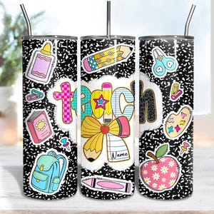 Personalized Teacher Tumbler Coquette Pencil Bow Design, 20oz Skinny Tumbler Teacher Png, Back To School Tumble Wrap Png, Teach Love Inspire