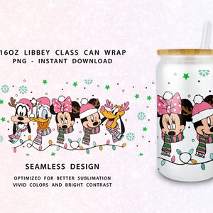 Pink Christmas 16oz libbey Can Cartoon PNG, Merry Christmas Png, Mouse And Friend 16oz Libbey Can Glass, Christmas Tumbler Wrap Png