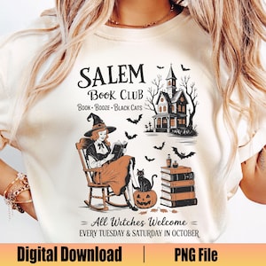 Salem Book Club PNG, Halloween Witch Reading Book Png, Spooky Girl Reading Png, Book Lover Halloween Design, Witches Salem, Halloween Shirt