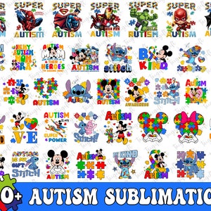 Großes Bündel Autismus-Bewusstseins-Sublimierung, Autismus-Puzzle, lustiger Hund und Freunde, Charakter-Karikatur-Autismus-Maus und Freunde, Superheld-Autismus