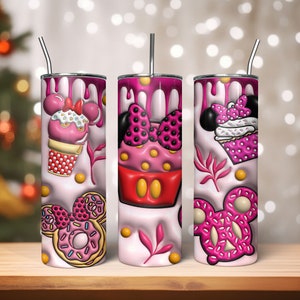 Kerstmis opgeblazen, kerstsnacks Tumbler Png, 3D opgeblazen roze kerst Tumbler Wrap, Donut Png, muis Kerstmis, roze kerst Png