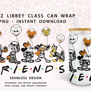 Halloween Characters Skeleton 16oz Libbey Can Cartoon Svg, Mouse and Friend Tumbler 16oz, Halloween Skeleton 16oz Libbey Glass Can Wrap