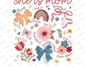 Ona jest mamą Png, Boho Floral Mama Png, Chrześcijańska mama Png, Dzień Matki Png, Modląca się mama Koszulki, Werset Biblijny Png, Projekt koszulki na Dzień Matki