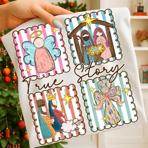 May include: White t-shirt featuring four illustrated panels with a religious theme. The panels include an angel, a nativity scene, the three wise men, and a cross. The words "True Story" are written in a cursive font.