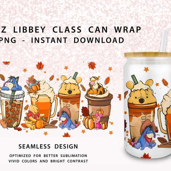 Winnie The Pooh Coffee Pumpkin Spice Latte 16 oz Libbey Glass Can Tumbler Design PNG, 16oz Libbey Glass Can Wrap Png, Autumn Tumbler Wrap