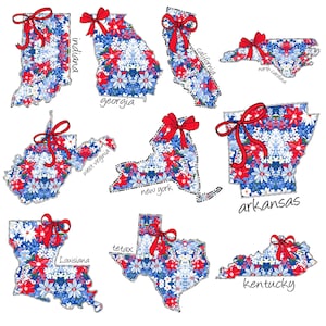 Bundle personnalisé de carte d'état des Etats-Unis Png, carte florale du 4 juillet Png, carte d'état patriotique avec noeud Png, rouge blanc bleu Png, Memorial Day Png