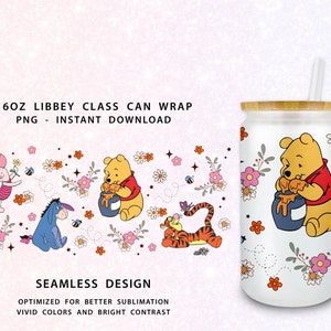 Winnie The Pooh 16 oz Libbey Glass Can Tumbler Design PNG, Spring Honey Flower Libbey 16 oz, 16oz Libbey Glass Can Wrap Png, Glass Can 16oz
