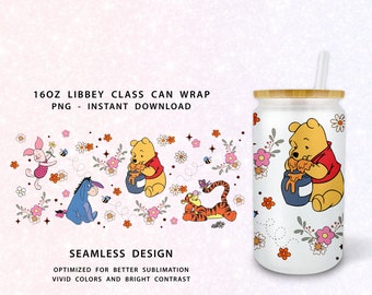 Winnie The Pooh 16 oz Libbey Glass Can Tumbler Design PNG, Spring Honey Flower Libbey 16 oz, 16oz Libbey Glass Can Wrap Png, Glass Can 16oz