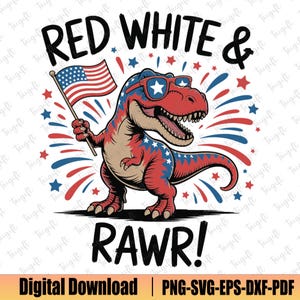Dinosaurio rojo, blanco y crudo SVG, T-Rex patriótico SVG, 4 de julio SVG, 4 de julio SVG para niños, PNG patriótico para niños, Día de la Independencia SVG