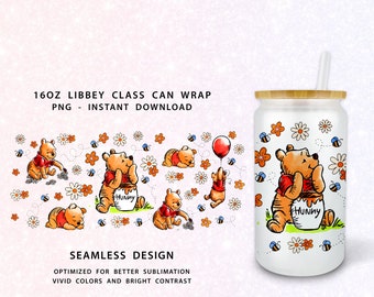 Winnie The Pooh Cartoon 16oz Libbey Can PNG, 16oz Glass Can Wrap, 16oz Libbey Can Glass, Catoon kids Tumbler Wrap, Full Glass Can Wra