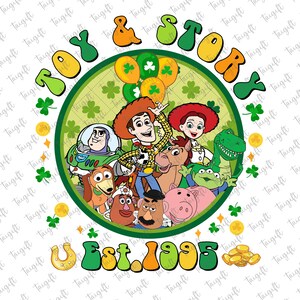 May include: A green, white, and yellow circle with the words "Toy & Story" in a retro font. Inside the circle are the characters from the Toy Story movies, including Woody, Buzz Lightyear, Jessie, Rex, Slinky Dog, Hamm, and Mr. Potato Head. The text "Est. 1995" is below the circle.