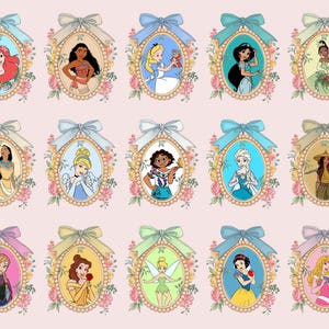 May include: A collection of 12 framed illustrations of Disney princesses, each princess is depicted in a different colored frame with a floral design. The princesses include Ariel, Pocahontas, Alice, Jasmine, Mulan, Cinderella, Tiana, Elsa, Moana, Belle, Tinkerbell, Snow White, and Aurora.