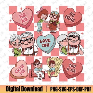 Feliz día de San Valentín Svg, dibujos animados de San Valentín Svg, casa de globos de San Valentín Svg, película Up Svg, personajes de dibujos animados, camisa a juego para parejas Svg