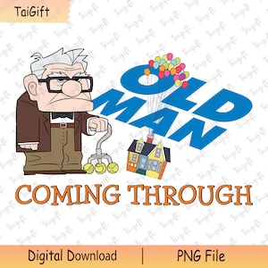 Könnte beinhalten: Eine digitale Illustration eines älteren Mannes mit weißen Haaren und einer Brille, der einen Stock mit Tennisbällen am Ende hält. Er steht vor einem blauen und weißen Text, der "OLD MAN" sagt, und einem gelben Haus mit einem Schornstein. Der Text "COMING THROUGH" befindet sich unter dem Haus.