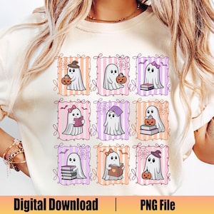 Może przedstawiać: Kremowa koszulka z siatką dziewięciu kreskówkowych duchów w różnych pozach. Każdy duch znajduje się w dekoracyjnej ramce z paskowanym lub pajęczynowym tłem. Niektóre duchy trzymają dynie lub książki. Tekst "Digital Download | PNG File" znajduje się na dole.