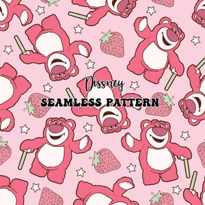 May include: A pink seamless pattern featuring a cartoon pink bear holding a green lollipop, strawberries, and white stars on a pink background. The text "Disney Seamless Pattern" is in the center of the design.