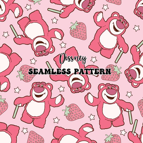 Lotso Strawberry Bear Seamless Pattern, Pink Bear Lots Seamless File for Fabric Sublimation, Lotso Huggins Bear Strawberry Seamless Pattern