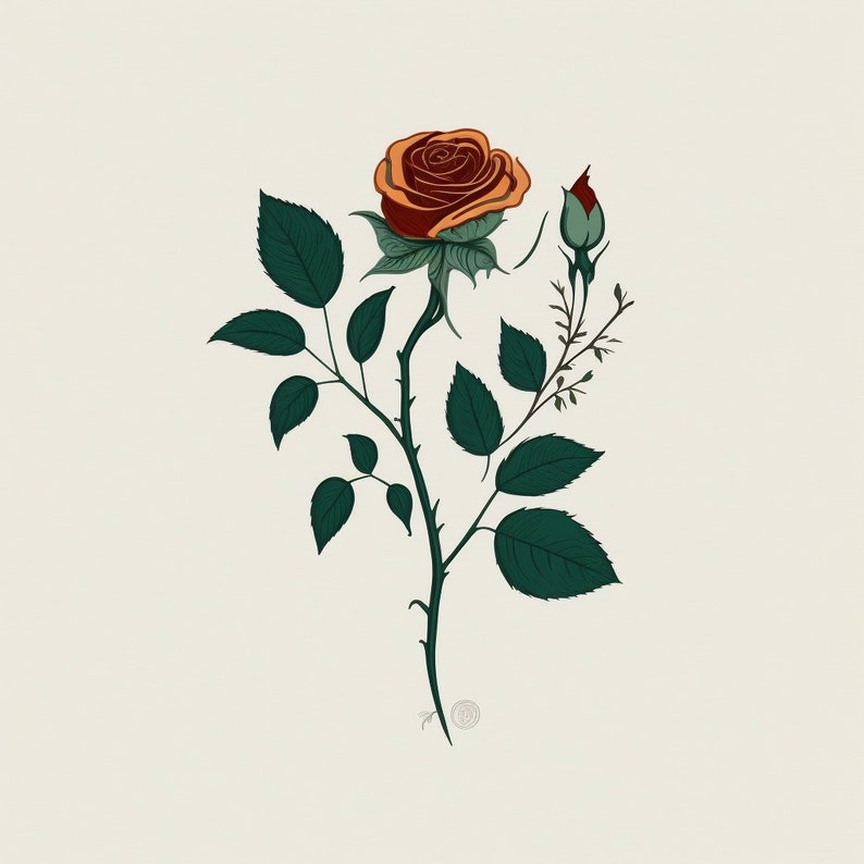 K&ouml;nnte beinhalten: Eine einzelne orangefarbene Rose mit gr&uuml;nen Bl&auml;ttern und einer Knospe an einem Stiel. Die Rose bl&uuml;ht und hat ein zartes, weibliches Aussehen.