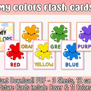 Cartões flash educacionais My Colors, cartões com imagens coloridas, aprendizagem fofa para crianças, volta às aulas, cores primárias, download digital para impressão