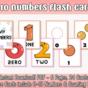 Peut inclure: Un ensemble de 24 cartes flash imprimables pour apprendre les nombres de 0 à 10 aux enfants. Les cartes présentent des illustrations colorées de nombres et d'objets, ainsi que les mots "Mes Nombres".