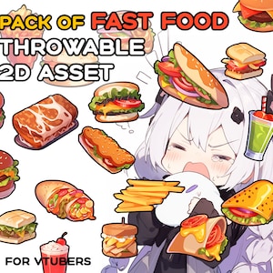 Puede incluir: Una ilustración digital de una variedad de alimentos de comida rápida, incluyendo hamburguesas, patatas fritas, sándwiches y burritos. La imagen está etiquetada como "Pack of Fast Food Throwaway 2D Asset for Vtubers".