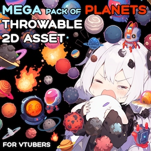 May include: A digital illustration of a cartoon character with white hair and a black outfit holding a white planet. The character is surrounded by a variety of colorful planets, stars, and other space-themed objects. The text "MEGA PACK OF PLANETS THROWABLE 2D ASSET FOR VTUBERS" is displayed at the top and bottom of the image.