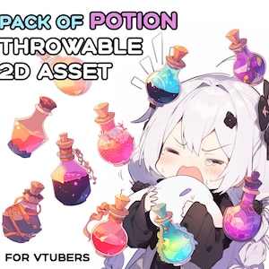 May include: A digital illustration of a character with white hair and a black outfit holding a variety of colorful potion bottles. The text "PACK OF POTION THROWABLE 2D ASSET FOR VTUBERS" is displayed at the top of the image.