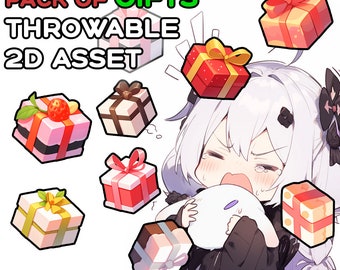 May include: A set of colorful, cartoon-style 2D gift boxes with different designs, including a strawberry, a flower, and a bow. The text "PACK OF GIFTS THROWABLE 2D ASSET FOR VTUBERS" is at the top of the image.
