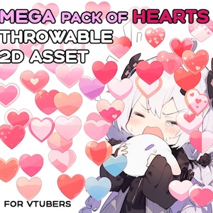 Może przedstawiać: Cyfrowa ilustracja postaci z białymi włosami i różowo-białym strojem, otoczona dużą ilością różowych, czerwonych i niebieskich serc. Tekst "MEGA PACK OF HEARTS THROWABLE 2D ASSET FOR VTUBERS" znajduje się w górnej części obrazu.