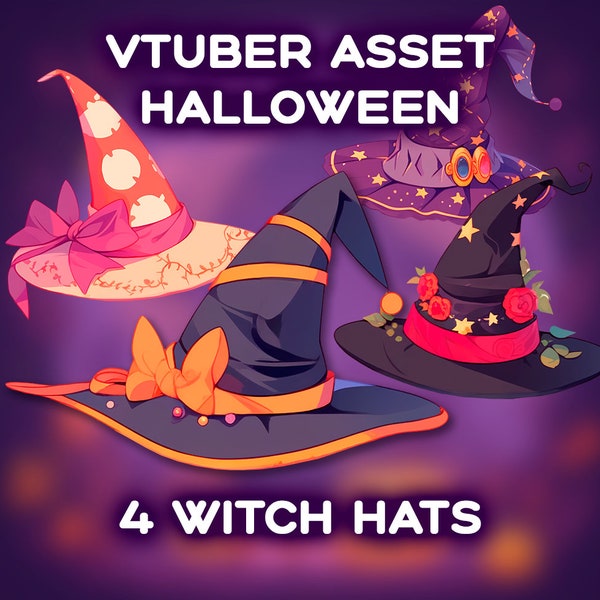 4x Witch Hats Vtuber Halloween| Transparent | Spooky | Digital Assets | Digital Download | Stream Decoration