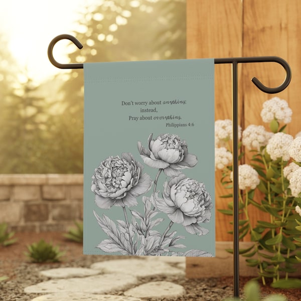 Sage green Christian garden flag with peony and scripture verse banner outdoor flag Bible verse yard decor outdoor decor housewarming gift