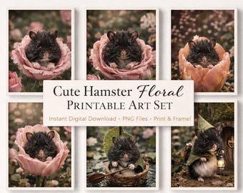 Whimsical Hamster Floral Art Print Set | Cottagecore Nursery Decor (Digital Download)