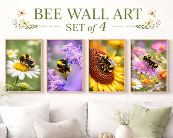Botanical Bee Wall Art Set, Wildflower Sunflower Daisy Lavender Prints (Digital Download)