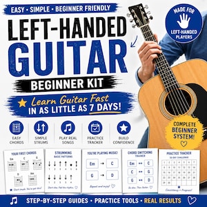 May include: Acoustic guitar beginner kit for left-handed players. The kit includes a guitar, easy chord diagrams, strumming patterns, and a practice tracker. The text on the image says "Learn Guitar Fast in as little as 7 days!"