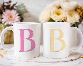 Personalized Initial Coffee Mug, Pink and Yellow Ceramic Cup, Monogrammed Gift