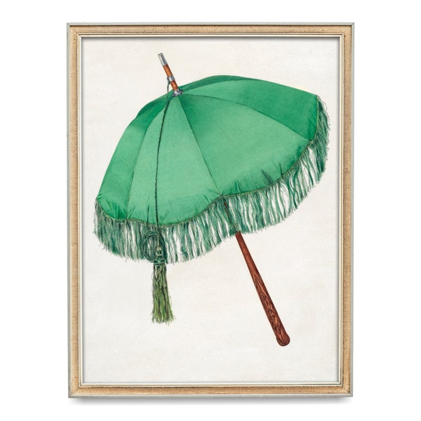 Art Print, Antique Green Silk Parasol Illustration, Vintage 19th Century Fashion Watercolor Print, Vintage Illustration, Antique Parasol Art