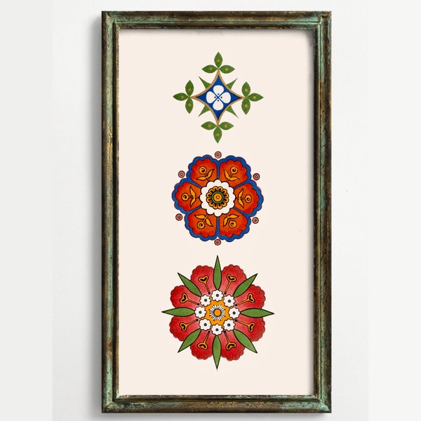 Victorian Floral Design with Red Flowers, Antique Decorative Floral Pattern Wall Art, Christoper Dresser, 19th Century Design Motif