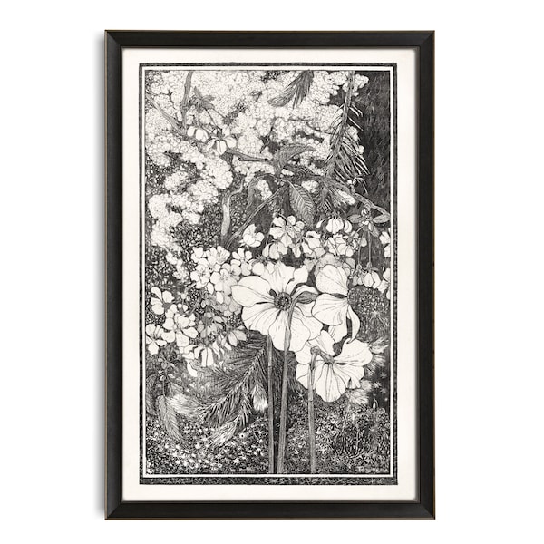 Black and White Floral Print, Lente, Reproduction Antique Lithograph, Spring Flowers, Vintage Dutch Black and White Flower Poster